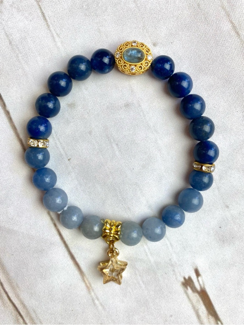 Blue Beaded Star Charm Bracelet - Gold Accents